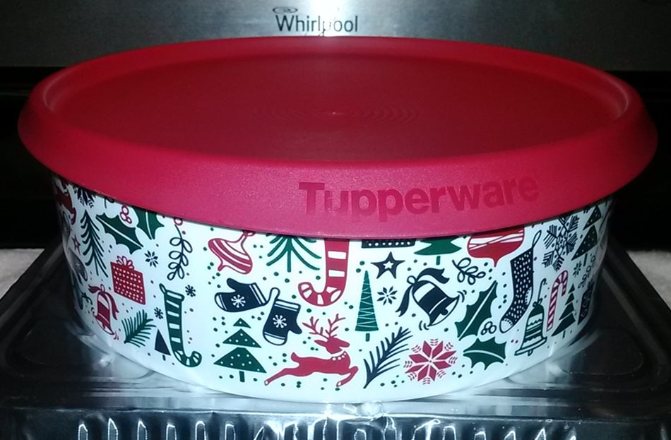 TUPPERWARE One Touch Christmas Holiday 26 Ounce Bowl With Red Lid 