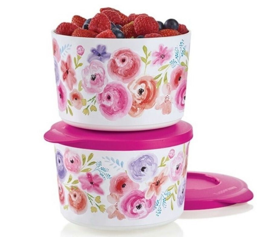 TUPPERWARE ART OF SPRING 4 ROUND SNACK BOWLS PINK SNAP-TOGETHER SEALS –  Plastic Glass and Wax ~ PGW