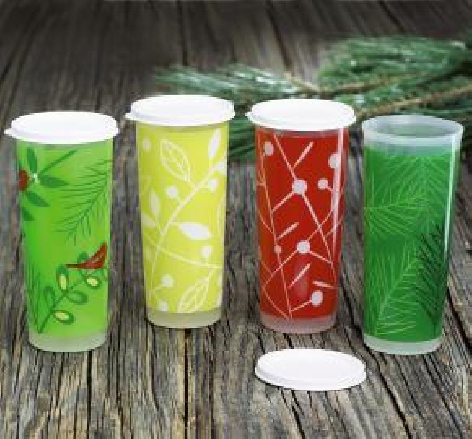 TUPPERWARE 4-pc SET 16-oz HOLIDAY COLORED STRAIGHT SIDED TUMBLERS w/ WHITE ROUND SEALS