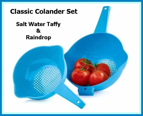 TUPPERWARE 2-Pc Classic Colanders 1 Qt & 2 Qt Strainers Raindrop & Salt Water Taffy Blue