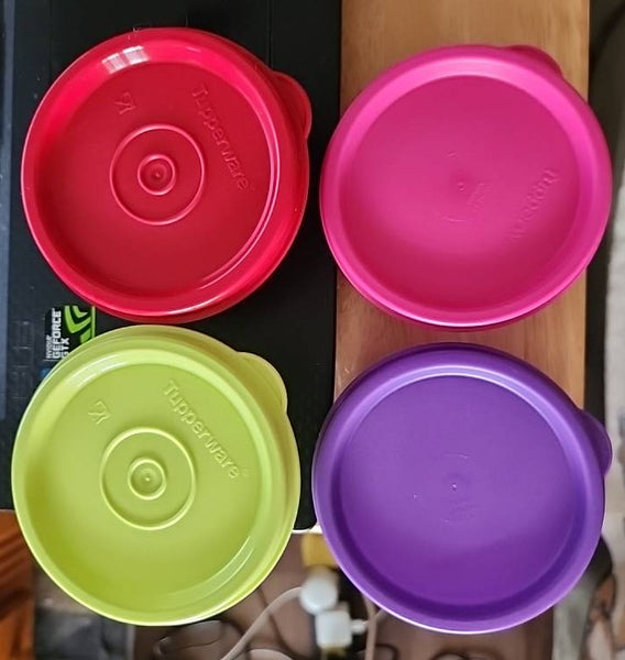 TUPPERWARE Mini Snack Cups 4 COLORED BOWLS w/ PURPLE ~ SALSA VERDE ~ RED ~ PINK SEALS NEW