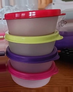 TUPPERWARE Mini Snack Cups 4 SHEER BASE w/ PURPLE ~ SALSA VERDE ~ RED ~ PINK SEALS NEW