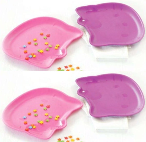 Tupperware 4 HELLO KITTY NOVELTY EMBOSSED MICROWAVE PLATES 2 PINK 2 PURPLE NEW