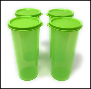 TUPPERWARE 4-pc SET 12-oz SALSA LIME GREEN STRAIGHT SIDED TUMBLERS w/ ROUND SEALS