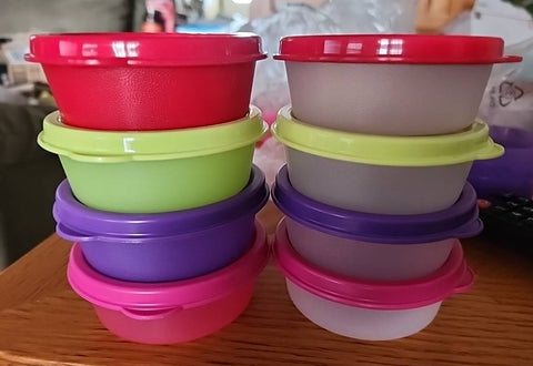 TUPPERWARE 8 Mini Snack Cups 4 SHEER & 4 COLORED PURPLE ~ SALSA VERDE ~ RED ~ PINK SEALS NEW