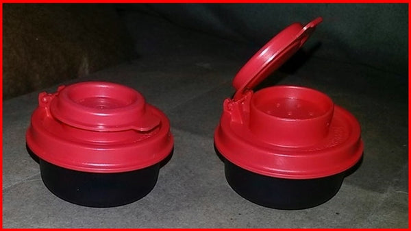 TUPPERWARE MINI SMIDGET SALT & PEPPER SHAKER SET BLACK w/ SALSA FLIP TOP SHAKER SEALS