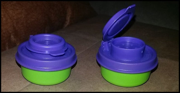 TUPPERWARE MINI SMIDGET SALT & PEPPER SHAKER SET BLACK w/ SALSA FLIP TOP SHAKER SEALS