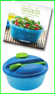 Tupperware SALAD LUNCH ON THE GO & COOKBOOK KIWI UTENSILS & 2-oz MINI MIDGET AZURE BLUE BOWL