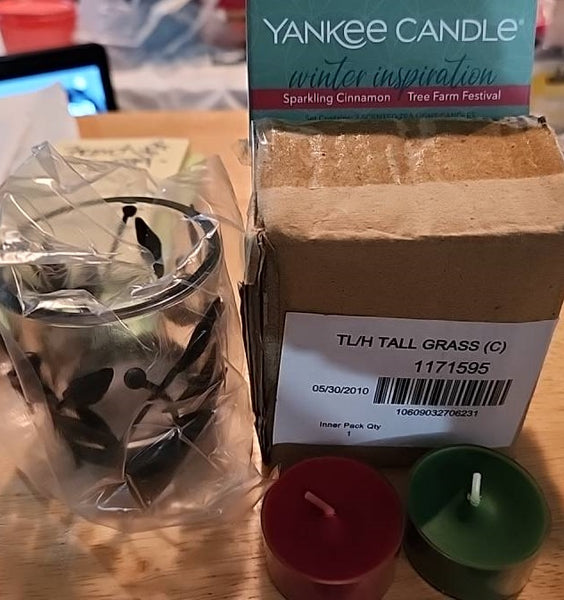 YANKEE TALL GRASS TEALIGHT / VOTIVE GLASS & BRONZE METAL CANDLE HOLDER BRAND NIB