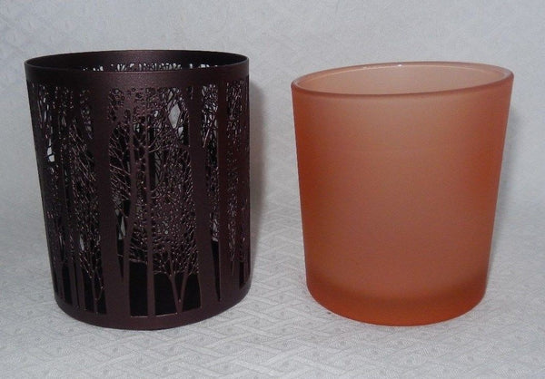 YANKEE FOREST TREES VOTIVE / TEALIGHT AMBER GLASS & BRONZE CANDLE HOLDER NIB