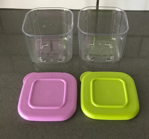 Tupperware CLEARLY ELEGANT 2 CLEAR MATES MINI 2 SQUARE CONTAINERS GRAPE PURPLE