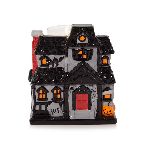 YANKEE Spooky Haunted House Jar / Pillar Porcelain Hand-Painted Candle Holder NIB