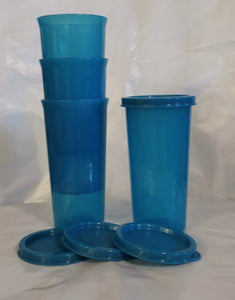 TUPPERWARE 4-pc SET 9-oz CARIBBEAN SEA STRAIGHT SIDED TUMBLERS w/ ROUND SEALS - Plastic Glass and Wax