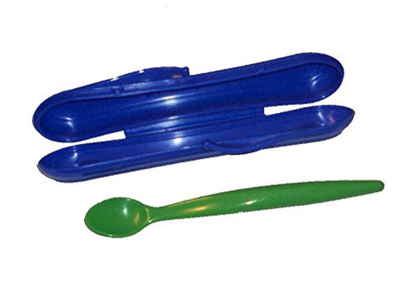 Tupperware Infant Baby Toddler Long Green Teething Feeding Spoon with Blue Travel Case