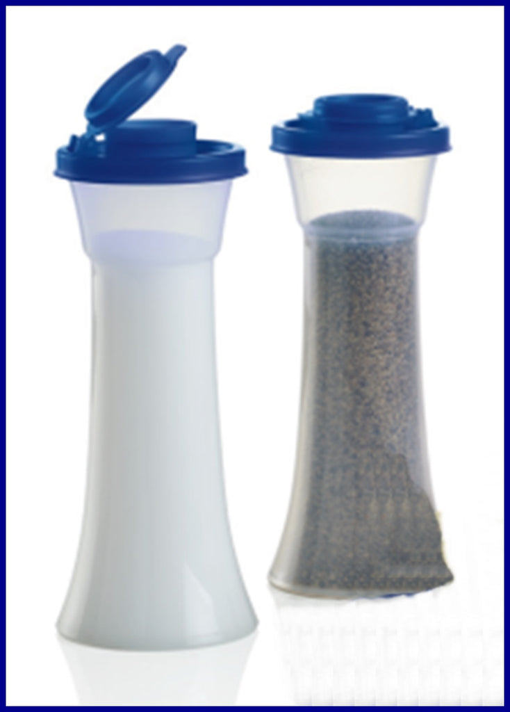TUPPERWARE TUPPER MINI MIDGET SALT & PEPPER SHAKER SET SHEER & LT BLUE –  Plastic Glass and Wax ~ PGW